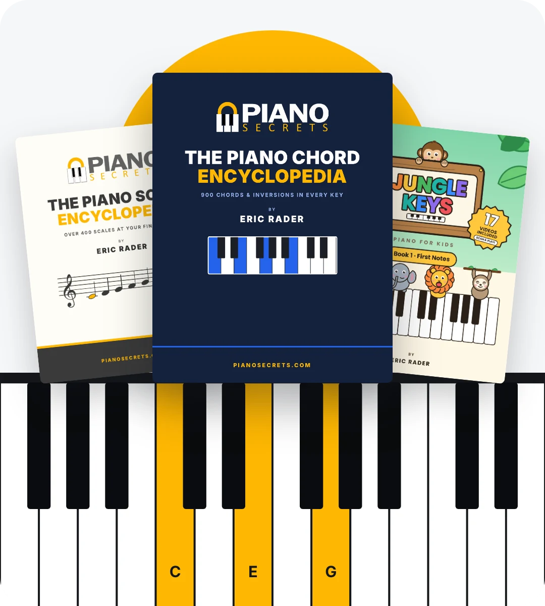The Piano Chord Encyclopedia, The Piano Scale Encyclopedia and Jungle Keys standing on a piano keyboard with a C major chord highlighted